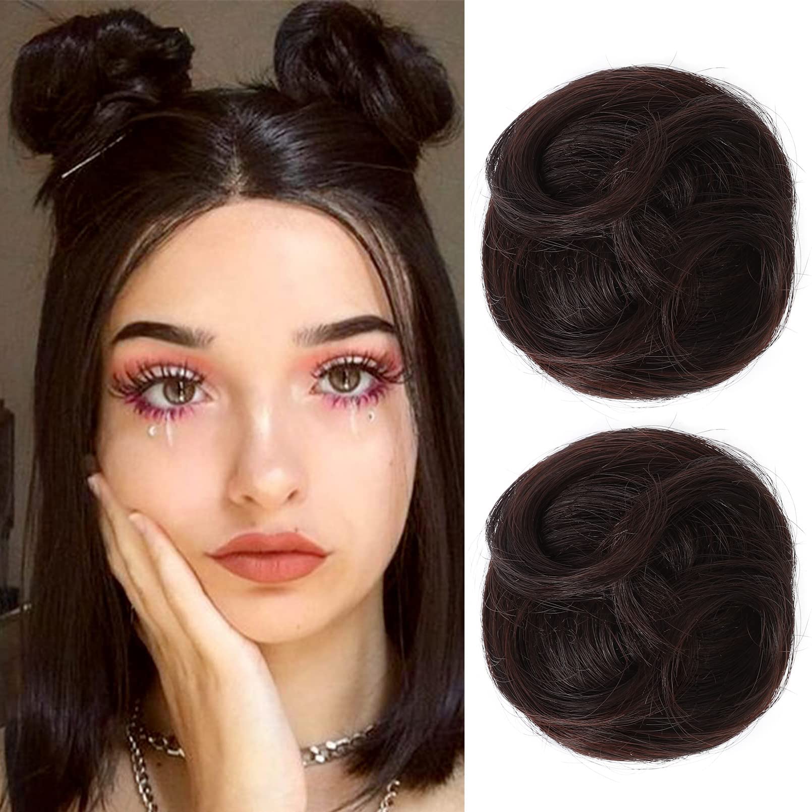 REECHO 2 PCS Mini Claw Clip in Messy & Cat Ears Hair Bun Extensions Wig Accessory Updo Hairpieces for Women (Pack of 2-3.5" Wavy, Dark Brown)