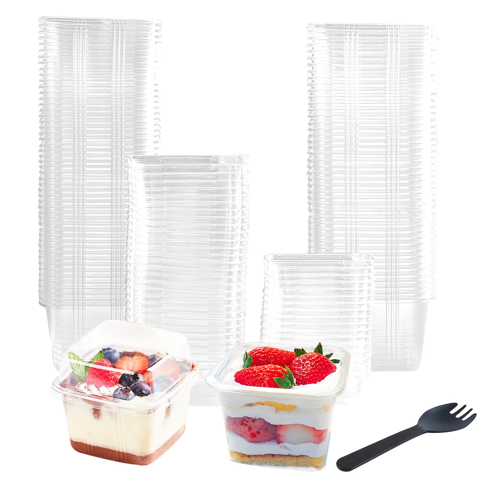 Photo 1 of 100 Pack 8OZ Plastic 50Pcs Square Dessert Cups with Lids and 50Pcs Spoons,Square Ice Cream Container with Forks, Disposable Parfait Cups for Mousse Cupcake Pudding Snacks Yogurt Parfait Fruits?50Sets?
