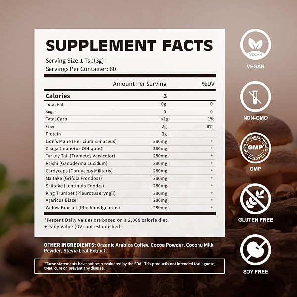 MUSHROOM COFFEE – LIONS MANE MUSHROOM POWDER INSTANT COFFEE WITH LION’S MANE, REISHI, CHAGA, CORDYCEPS, AND TURKEY TAIL – MUSHROOM COFFEE ALTERNATIVE FOR ENERGY, MENTAL CLARITY & FOCUS, BRAIN BOOSTER