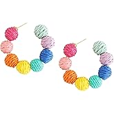 MINACHI Boho Raffia Open Hoop Earrings, Rattan Beaded Earrings, Vintage Bohemian Hippie Summer Statement Jewelry Gift for Women