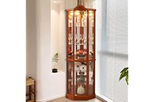 Firscook Lighted Wooden Corner Display Curio Cabinet, 3-Side Glass Display Curio Cabinet, Corner China Cabinet with Glass Doors,6 Tier Freestanding Display Cabinets for Living Room(Oak)