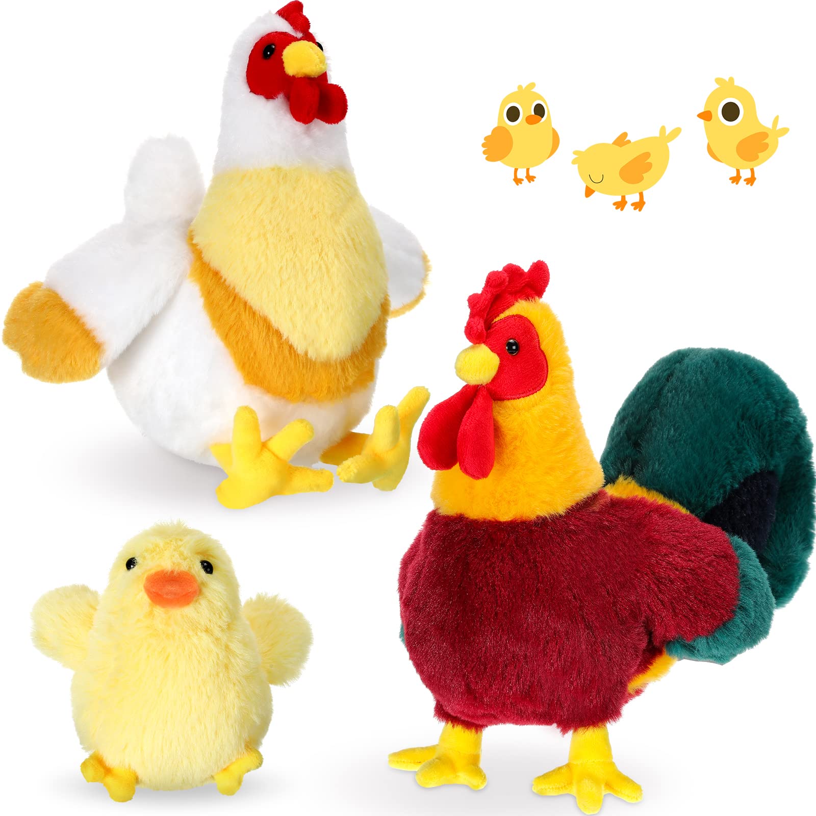 Skylety 3 Pcs Chicken Stuffed Toys Gifts Set Chicken Stuffed Animal Toy Cocky Rooster Plush Little Baby Chick Toys for Farm Baby Shower Party Favor Birthday Supplies