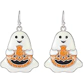 Halloween Ghost Dangle Earrings, Silver Plated White Enamel Spooky BOO Design Drop Earrings, Halloween Party Costume Jewelry for Women Gift