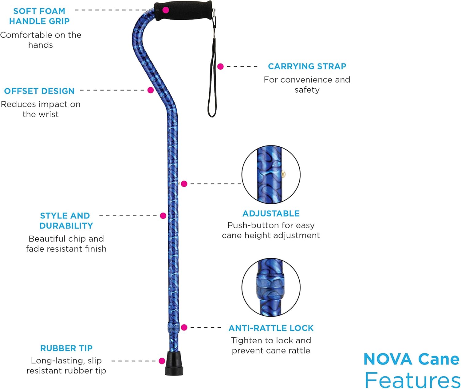 NOVA Designer Walking Cane with Offset Handle, Lightweight Adjustable Walking Stick with Carrying Strap, “Maui Flowers” Design: Health & Personal Care