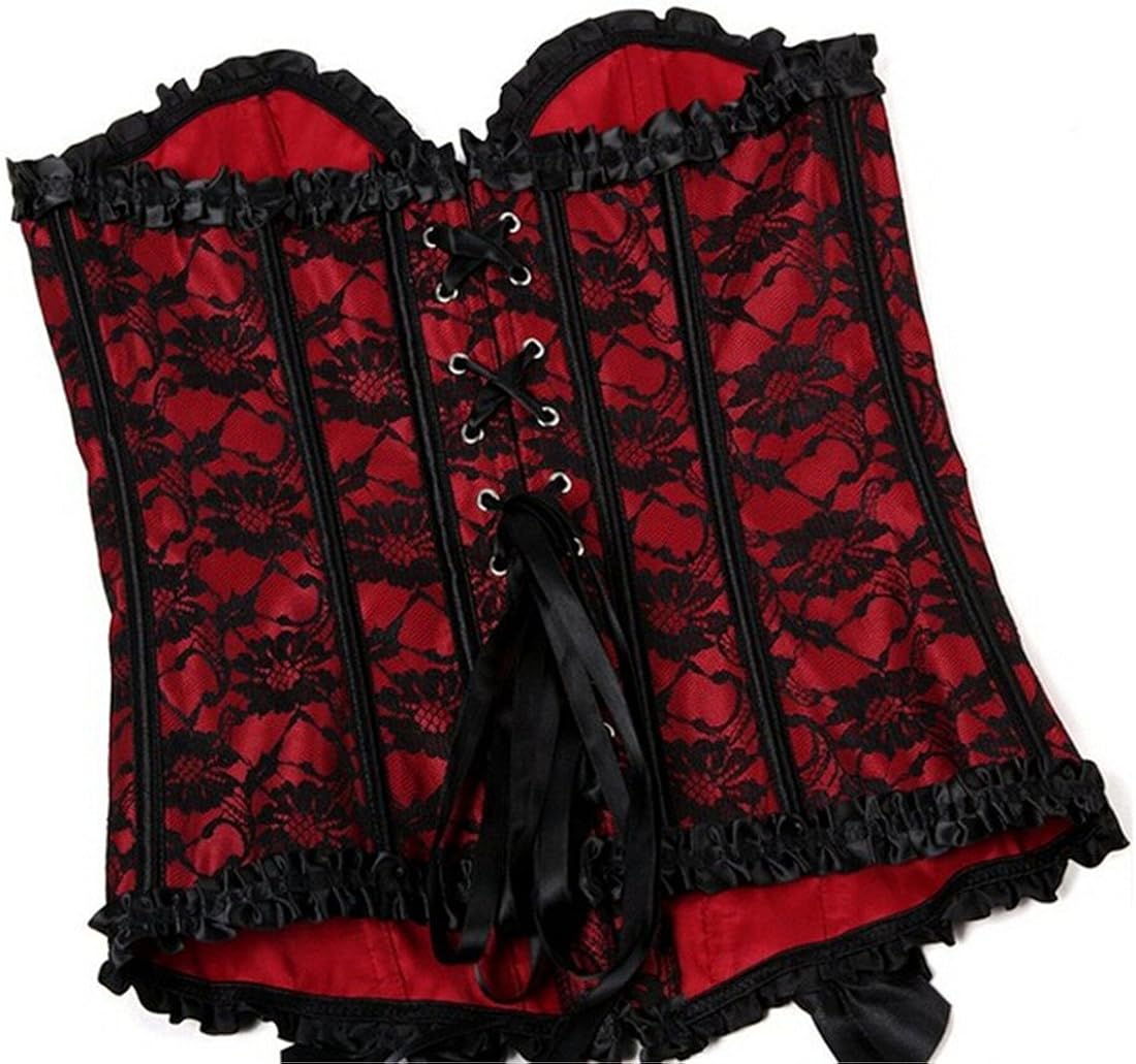 Womens Floral Black Lace Trim Corset Overbust Waist Cincher Bustier Top: Clothing