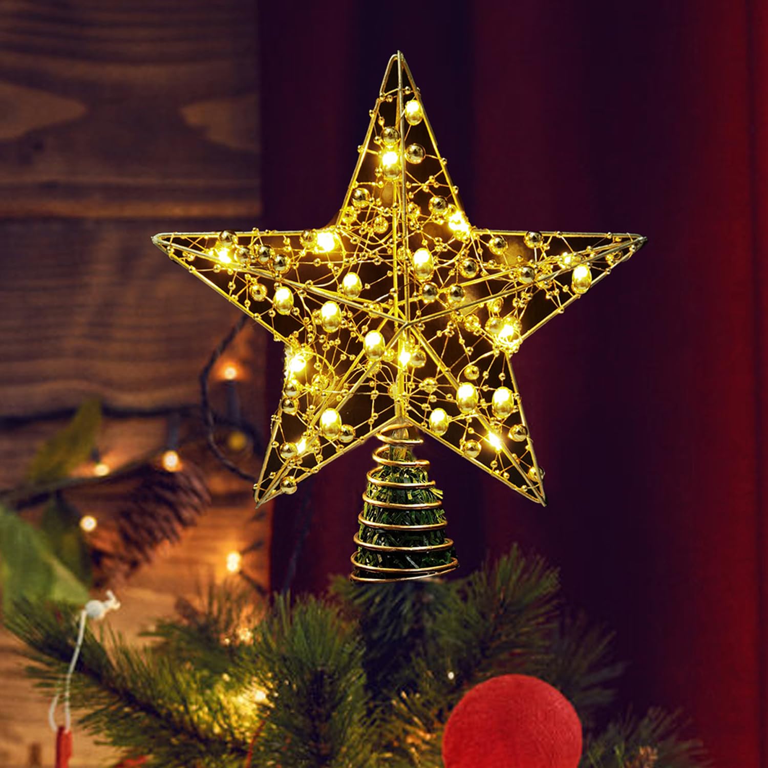 Christmas Tree Topper, 9.84 In Tree Topper, Metal Design Glittered 20 LED Lights Christmas Tree Star Topper for Festive Christmas Tree Decorations (Gold)