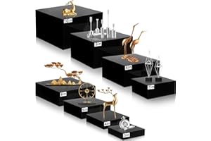 Geelin 8 Pack Acrylic Buffet Risers - 3 to 10 Inch Decorative Cube Boxes, Display Stands with Hollow Bottoms for Food Jewelry Table Display Supplies(Black,Flat)