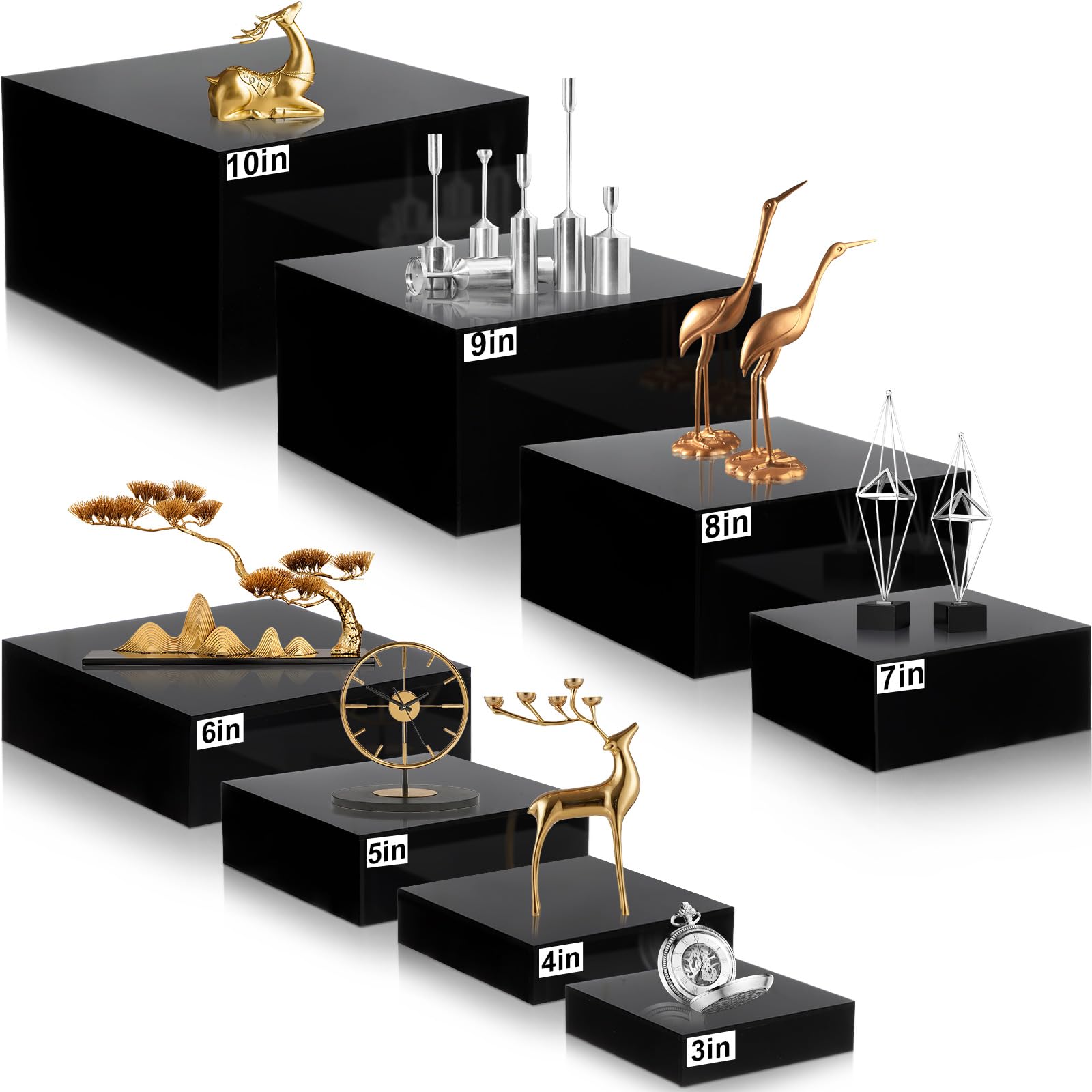 Photo 1 of Geelin 8 Pack Acrylic Cube Risers Acrylic Boxes for Food Display Decorative Stands with Hollow Bottoms for Jewelry Food Buffet Risers Display Candy Table Decor, 8 Sizes(Black,Flat)