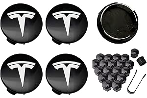 HBXAIDBAO 4PCS Car Wheel Center Hub Cap Kit, Hubcaps Accessories for Tesla Model 3 Model Y,56mm Hubcaps Wheel Rim Cover Tesla Center Hub Caps + Lug Nut Covers (Glossy Black Underside+Silver Logo)