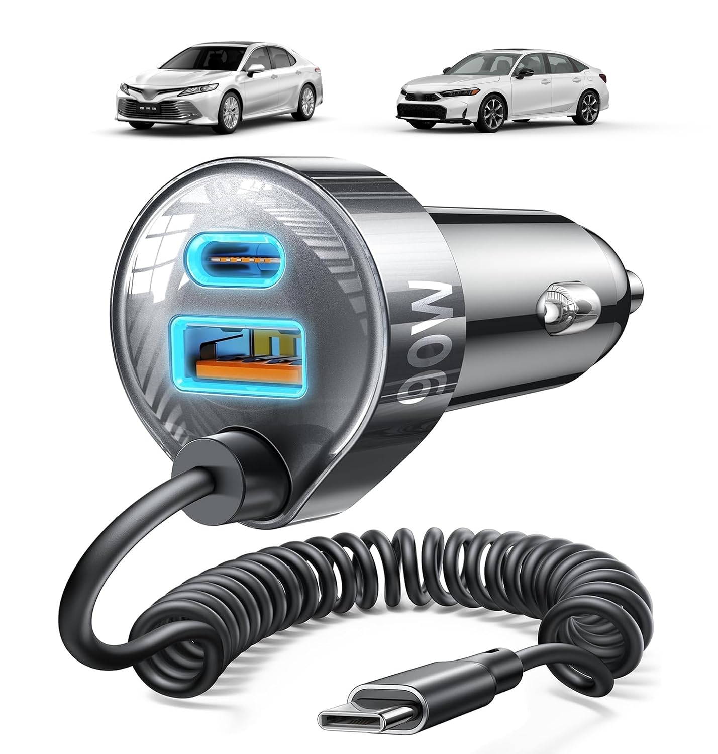 LISEN Car Charger with 45W Built-in USB-C 36 inch Coiled Cable, 90W Multi-Port Fast Charging Cigarette Lighter Adapter for iPhone 17/16/15 Pro Max, Samsung Galaxy S26 Ultra, Black