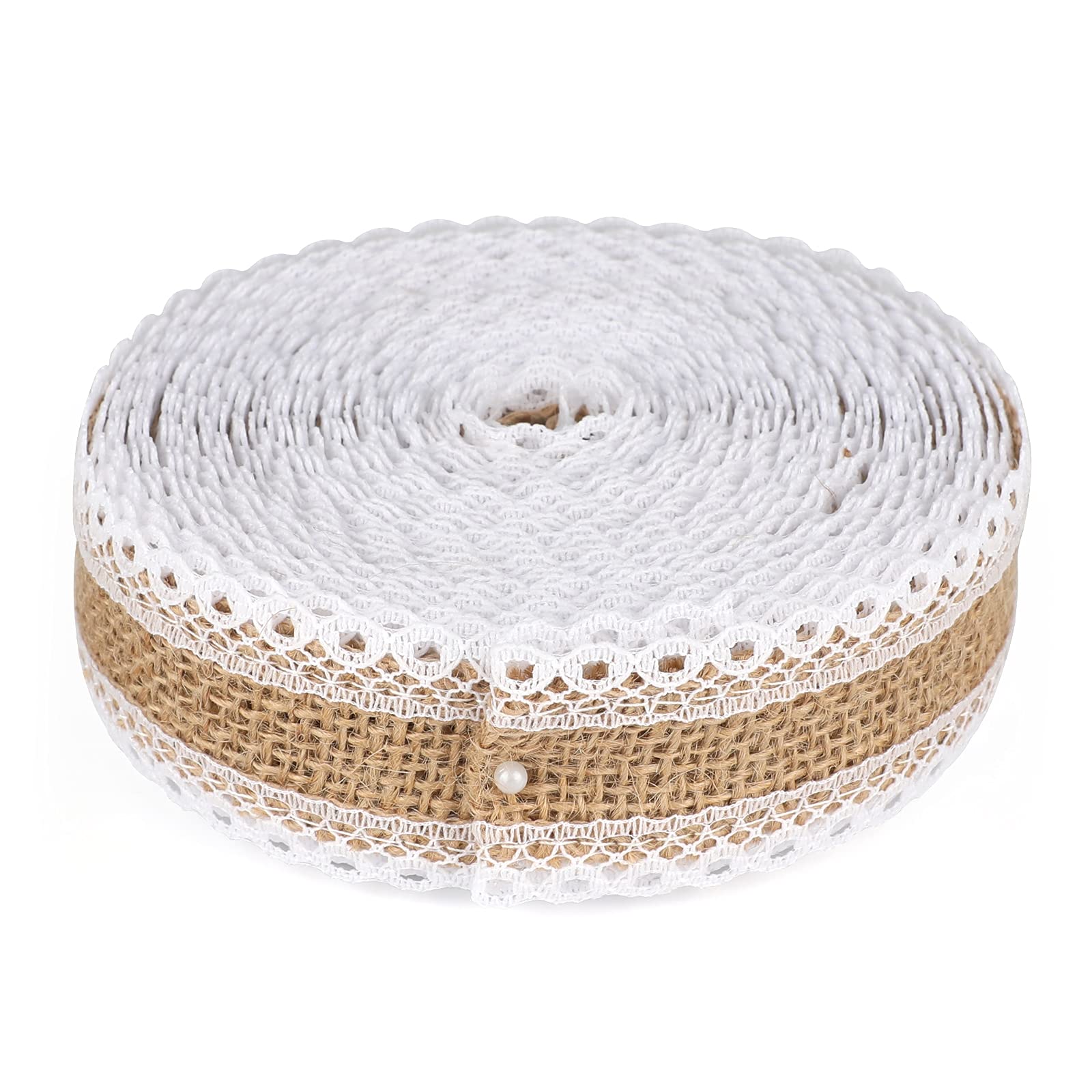 G2PLUS Jute Trim Burlap Ribbon - 10M Hessian Ribbon with Lace - 2.5CM Natural Fringe Tape with Lace for Vintage/Rustic Themed Wedding Craft