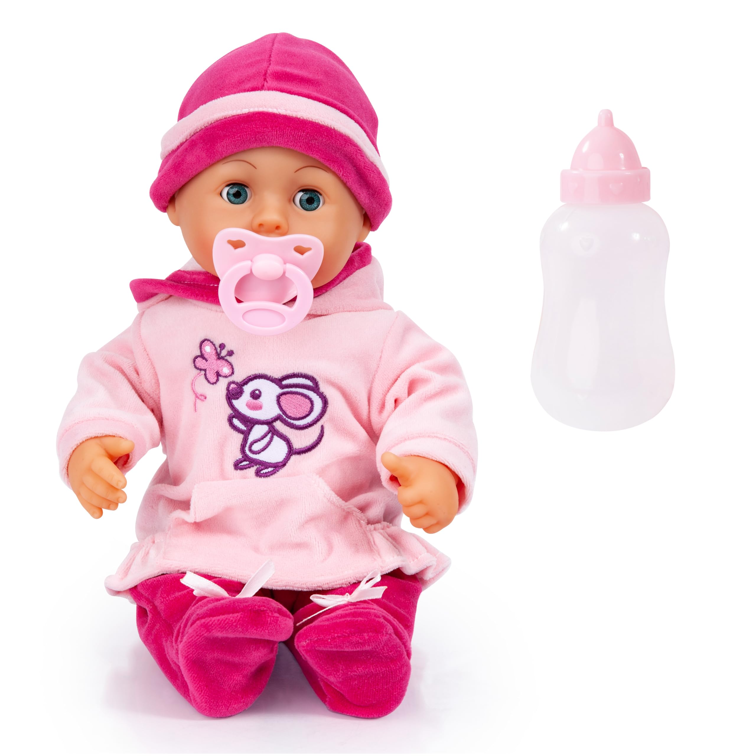 Bayer Design 93824BD Interactive baby doll, talking, soft body, sleeping eyes, cute outfit, dummy, bottle, 38 cm