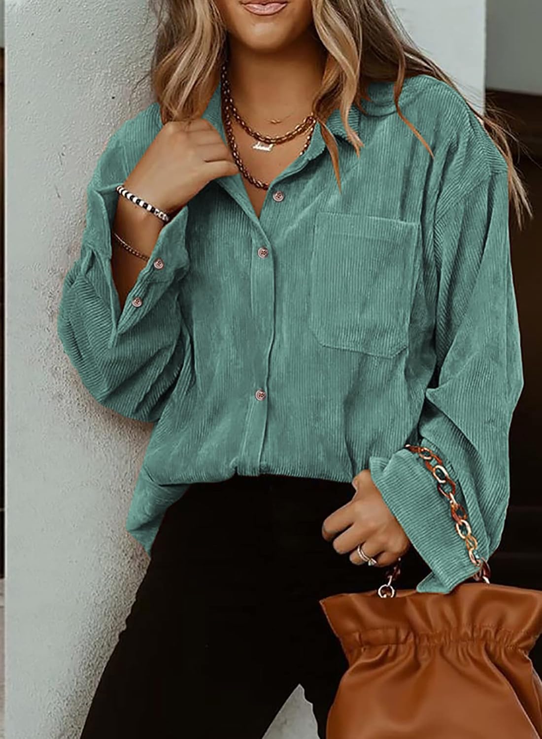 Dokotoo Womens Corduroy Button Down Shirts Boyfriend Long Sleeve Oversized Blouses Tops: Clothing