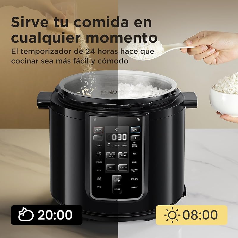 Olla Eléctrica 9 en 1, 12 Preajustes Instantáneos, Antiadherente, Arrocera, Cocción Lenta, Vapor de Acero Inoxidable, 6 Cuartos