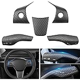 Steering Wheel Trim and Gear Shift Cover Compatible with 2019-2024 Tesla Model Y 2021-2023 Tesla Model 3, Carbon Fiber Steering Wheel Panel Trim with Steering Lever Cover (5pcs/Set, ABS Matte Carbon)