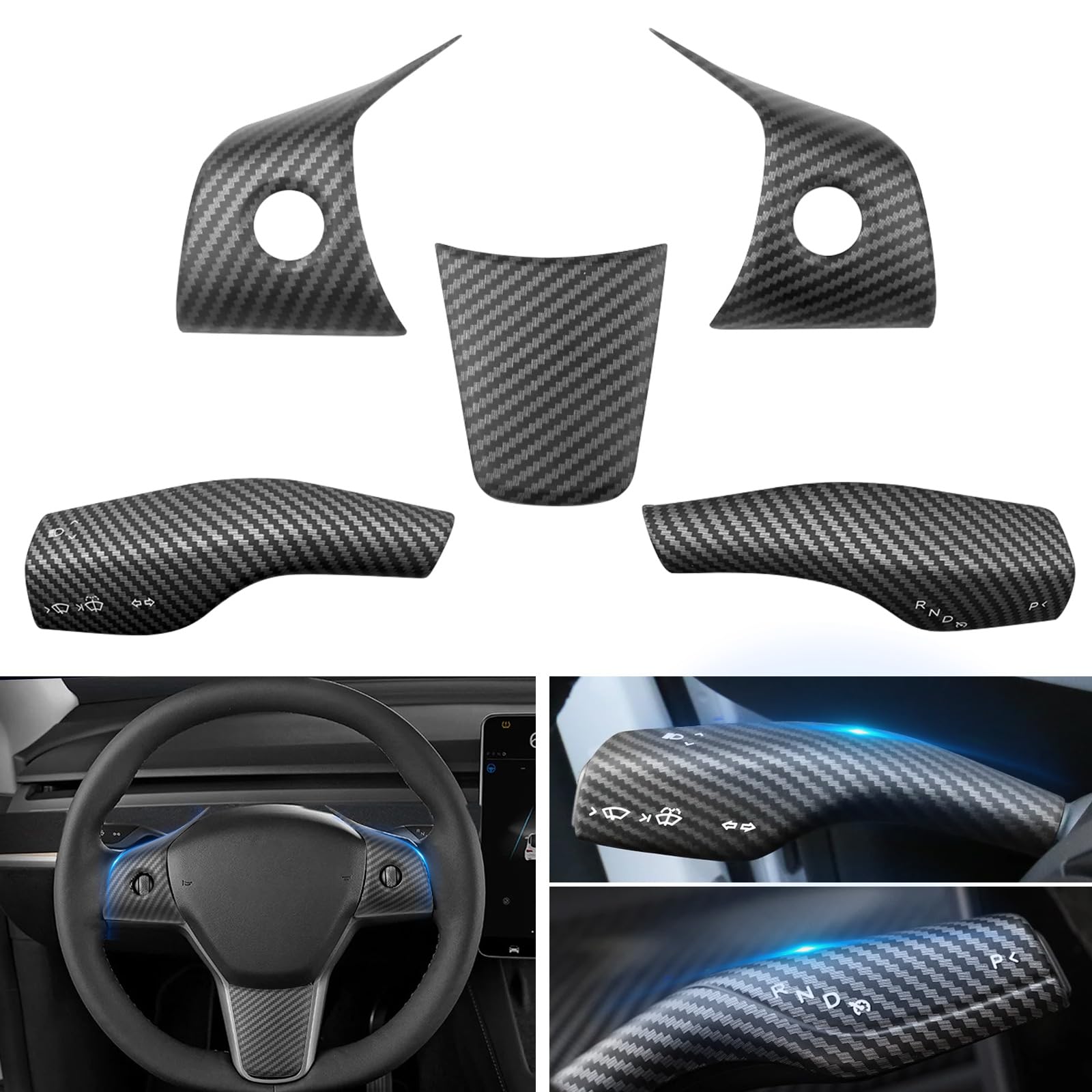 Photo 1 of Steering Wheel Trim and Gear Shift Cover Compatible with 2019-2024 Tesla Model Y 2021-2023 Tesla Model 3, Carbon Fiber Steering Wheel Panel Trim with Steering Lever Cover (5pcs/Set, ABS Matte Carbon)