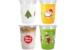 50 Pack 16 oz Merry Christmas Plastic Cups, Christmas Disposable Clear Party Cups, 4 Designs on 1 Cup, Xmas Decoration Holida