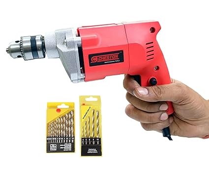 Cheston 10mm Powerful Drill Machine for Wall, Metal, Wood Drilling with 5 pcs Wall bits and 13 HSS bits