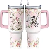 40oz Horse Stainless Steel Tumbler with Handle and Straw, Insulated Cup Travel Coffee Mug Water Bottle with Lid and Straw, Animal Lovers Women Gifts