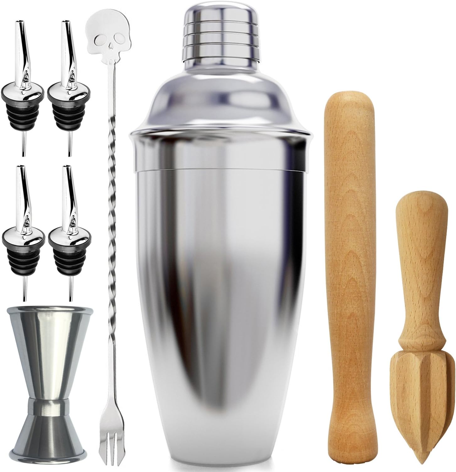le homeware 750ml Capacity Cocktail Making Kit Pourer Strainer & Measure Pack of 9 Pieces, Metal, 2
