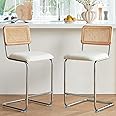GrandNoor Natural Rattan Counter Height Stools Set of 2 with Solid Wood Back, 24 Inch Mid Century Modern Cesca Bar Stools, White Upholstery Boho Stool for Kitchen Counter with Chrome Metal Legs
