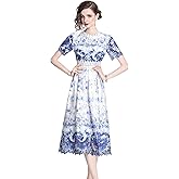 LAI MENG FIVE CATS Women's Lace Floral Short Sleeve Crochet Waist Cocktail Midi Dress