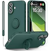 pcgaga Compatible with iPhone 17 Case 6.3 inch, Silicone Slim Design with Screen Protector [Ring Holder Stand] [Wrist Strap] [Microfiber Lining] Shockproof Protective Case Cover, Army Green