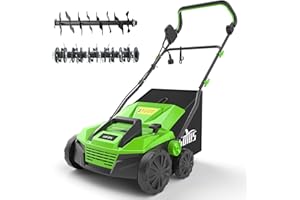 SOYUS 15-Inch 13-Amp Electric Dethatcher and Scarifier with 45L Removable Thath Collection Bag, Corded Lawn Dethatcher with 5-Position Depth Adjustment, Quick-Fold, Increases Lawn Health