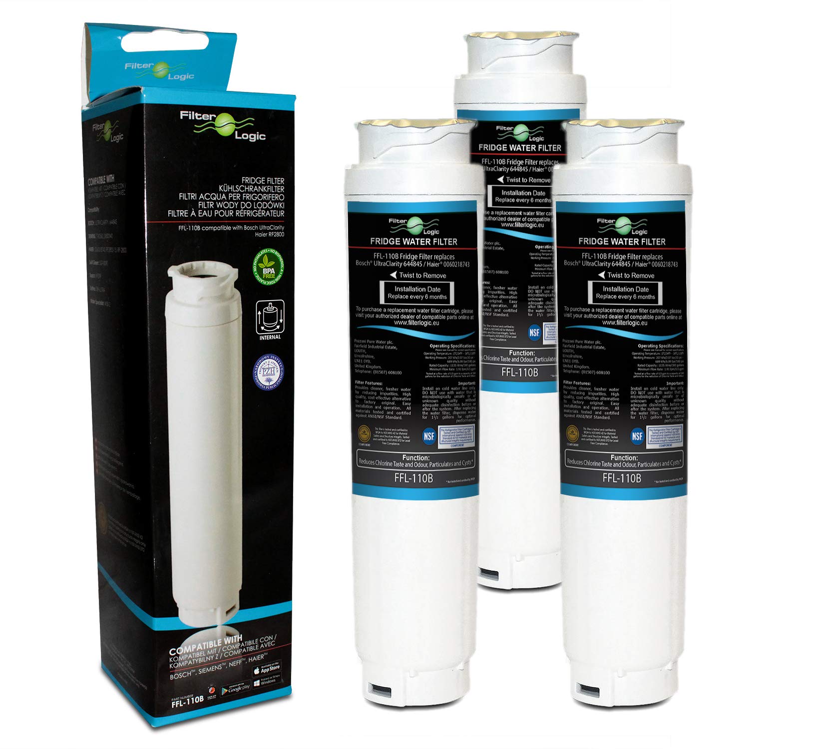 FilterLogic FFL-110B Fridge Water Filter Compatible with UltraClarity 00740560, 740560/644845 for BOSCH, SIEMENS, Neff, Gaggenau, Miele, HAIER 0060820860, RF-2800-13, SUPCO WF299 (3 Pack)