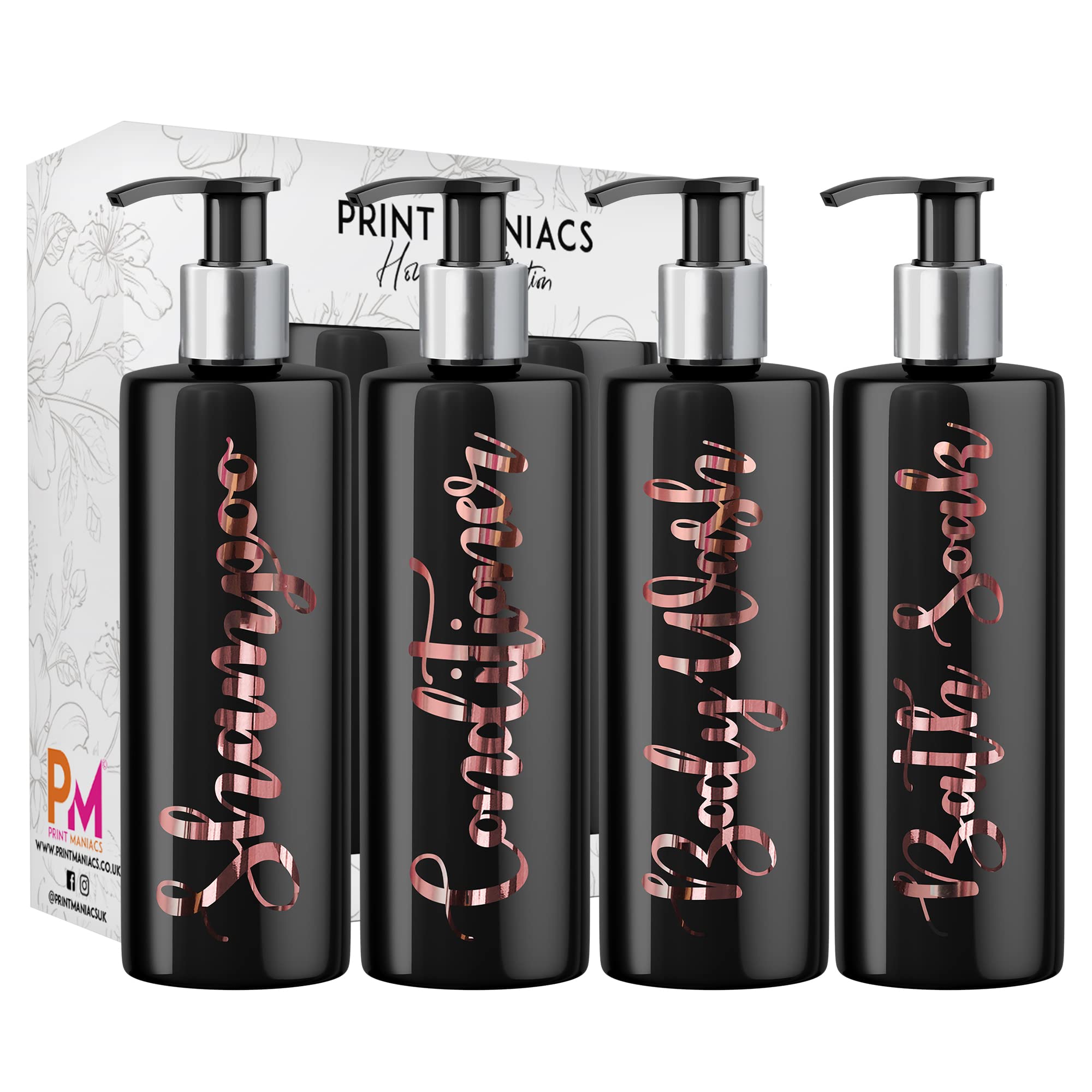Print Maniacs Mrs Hinch Inspired Black Personalised Pump Bottles Bathroom Kitchen Set Shampoo Conditioner (Rose Gold)