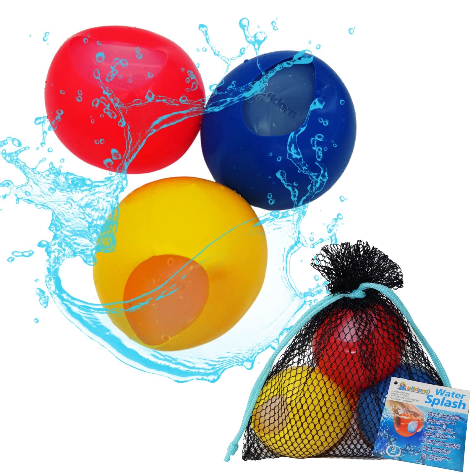 alldoro 63038 Water Splash Set of 3 Water Bombs Diameter 6 cm, Water Balloons Reusable & Self-Closing, Water Balloon for Garden & Beach, Children from 3 Years & Adults, Yellow/Red/Blue in Net