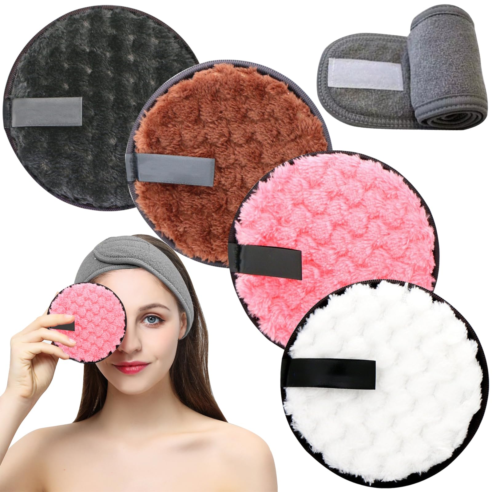 JSTHHTT 8 Pcs Soft Makeup Remover Pads with Spa Facial Towel Headbands, Reusable Make Up Pads, Washable Facial Cleansing Cotton Pads, Microfibre Face Cleansing Cloths for Face, Suits All Skin Types