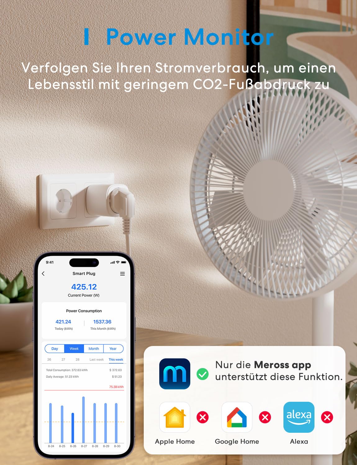 meross Matter WLAN Steckdose mit Stromverbrauch, Smart Steckdose mit Stromzähler für Balkonkraftwerk, funktioniert mit Apple Home, Home Assistant, Alexa und Google Home, Sprachsteuerung, Fernzugriff 2