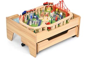 HONEY JOY Train Table, Wooden Kids Activity Table with Storage, 100 Multicolor Pieces, Tracks, Trains, Cars, Toddler Train Ta
