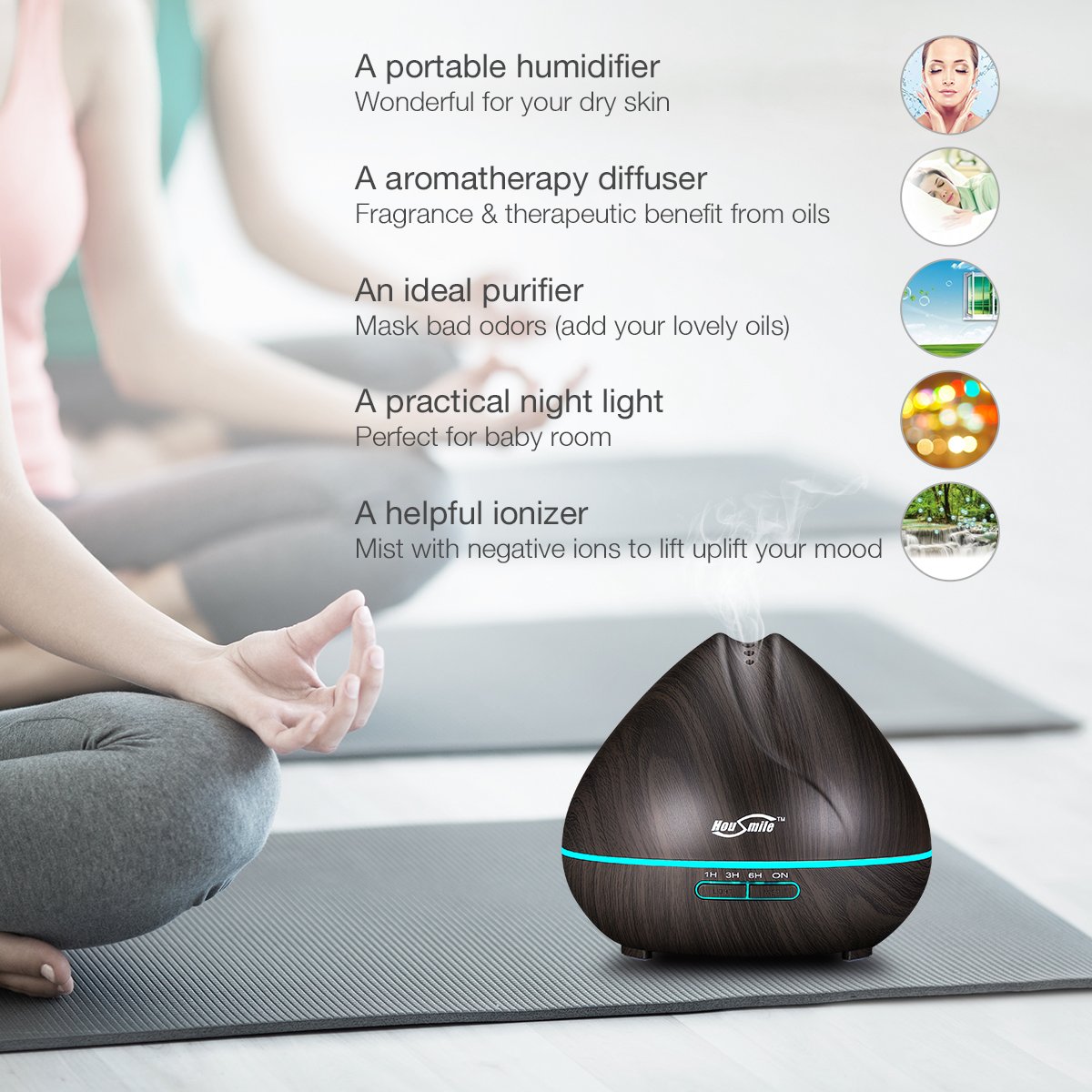 Housmile 400ml Aromatherapy Essential Oil Diffuser Ultrasonic Cool Mist Humidifier with 7 Color LED Lights Waterless Auto Shut-off, Wood Grain