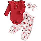 Rtnnsbbfcm Newborn Baby Girl Valentine's Day Outfit Long Sleeve Ribbed Romper Heart Print Pants Headband 3Pcs Set