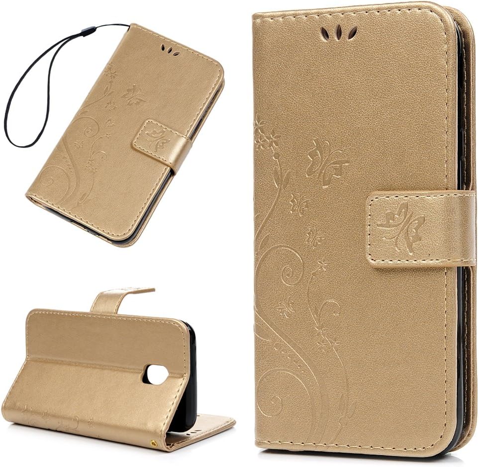 BADALink For Samsung Galaxy J3 2017 Case, Samsung J3 2017 Cover PU Leather Case Embossed Butterfly Case Cover Flip Wallet Case for Samsung Galaxy J3 2017 (J330) with Card Holder & Wrist Strap,Gold