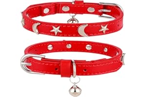 CHUKCHI Leather Cat Collars for Boy Girl Cats with Bell and Safety Elastic Belt, Personalized Star and Moon Stud Adjustable Safe Buckle Collar for Kitty Small Big Cats Size 8-12 InchRose (Red)
