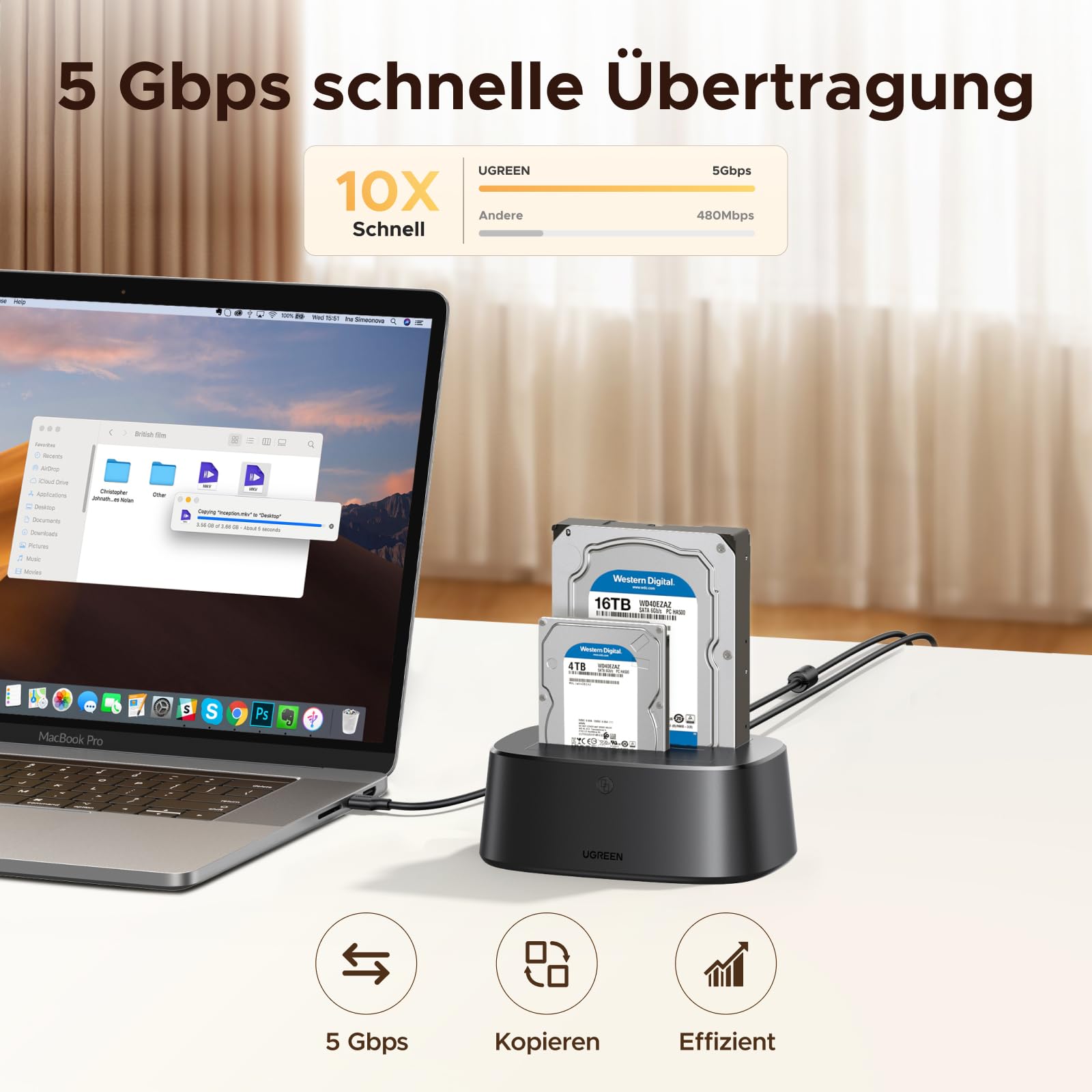UGREEN Festplatten Dockingstation, USB 3.0 HDD Docking Station für 2,5''/3,5'' SATA HDD & SSD, 5Gbps Dual Bay Festplatten Adapter unterstützt Offline-Klonen und UASP 4