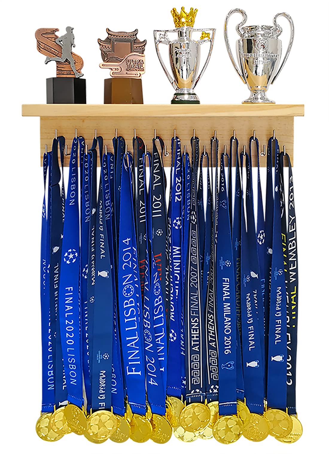 Qktxktzy Premium Wooden Medal Hangers with 16" Trophy Shelves Organize Medals, Awards, Ribbons & Trophies. Perfect All-in-1 Shelf with 25 Pcs Steel Hooks. Wall Mount Medal Holder for Sport Lover Gift