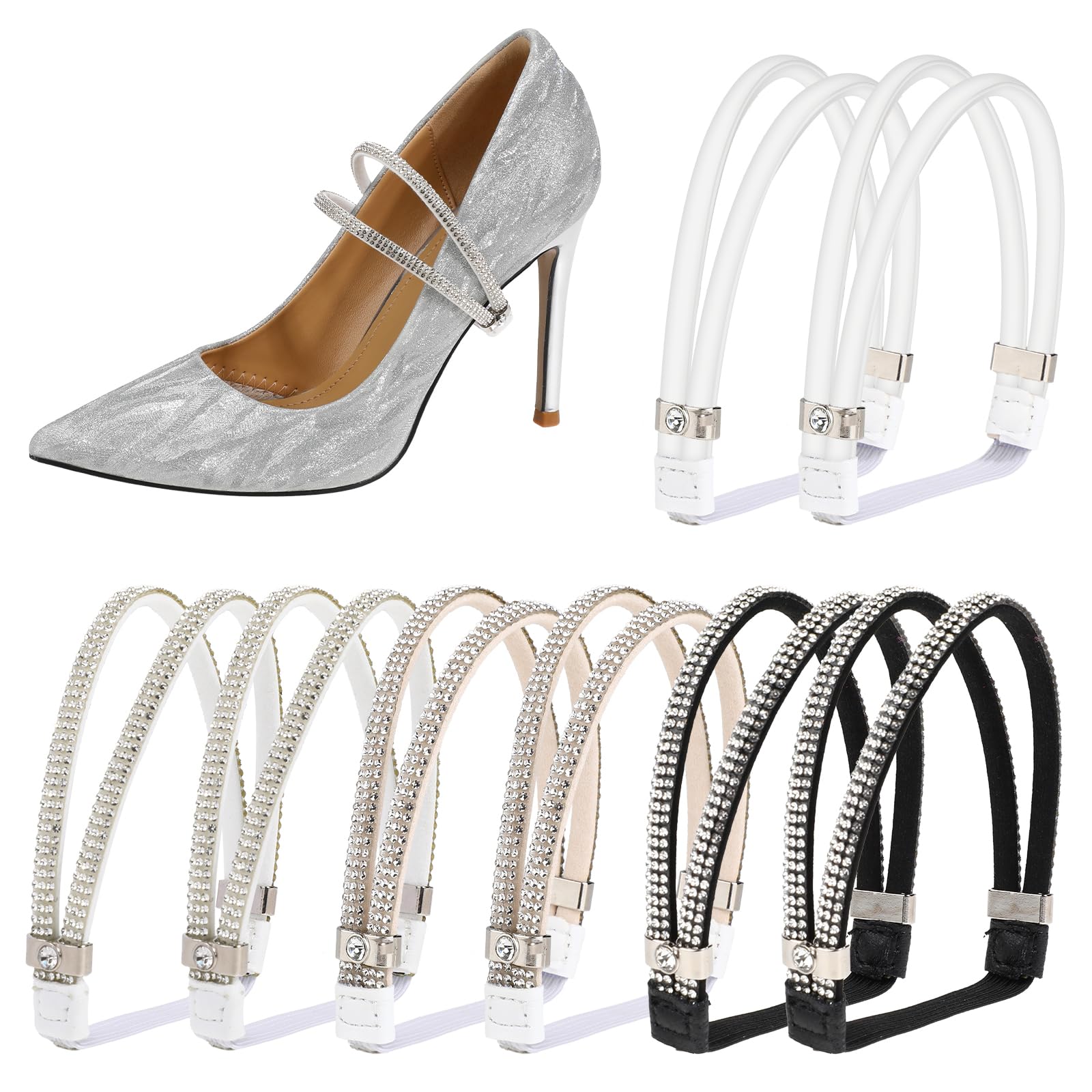 Photo 1 of ElevateTech 4 Pairs Heels Shoe Straps, Detachable Elastic Shoe Laces With Antislip Stickers Installation Free Prevent Falling Anti Loose Shoelace Accessories Suitable High Heels Sandals Slippers Ladie