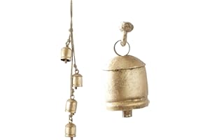 Deco 79 Metal Indoor Outdoor Decorative Cow Bells Tibetan Inspired Meditation Bell with 4 Bells on Jute Hanging Rope, Cow Bell 4" x 3" x 29", Gold