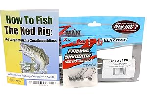 HARMONY FISHING COMPANY Ned Rig Kit - Z-Man Finesse T.R.D. 8pk + Finesse Shroomz Jig Heads 5pk (Green Pumpkin) + How to Fish The Ned Rig Guide