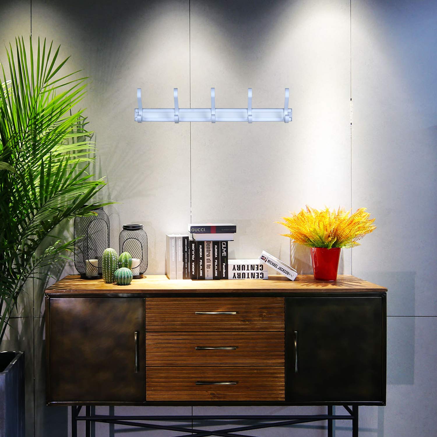 Insnew Coat Rack Wall Mounted - Coat Hook Rack Rail Hanger to Hang Coat Clothes, Purse, Hat, Towel, Key - White Finish Satin Nickel Portable 5 Hooks for Entryway, Kitchen, Bathroom, Door, Closet Room