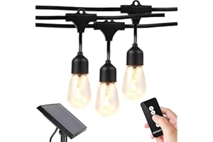 Brightech Ambience Pro – Solar Power Remote Control Outdoor String Lights with Edison Bulbs – Shatterproof, Commercial Grade LED Waterproof Patio Lights – 1W, 3,000K, Hanging, 48 ft