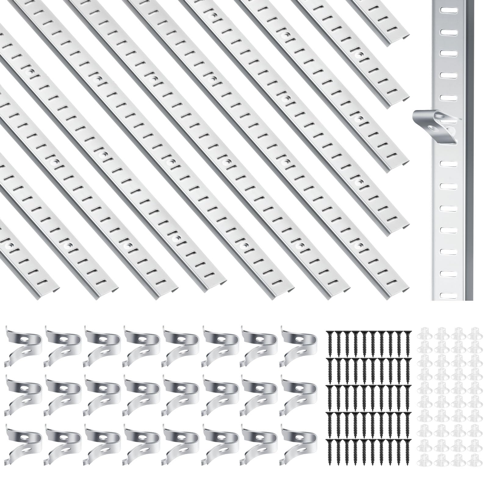 Photo 1 of 12 Pcs 16 Inch Shelf Pilaster Tracks with 24 Pcs Shelf Clips Adjustable Metal Rail Mortise Mount Pilaster Strip for Wall Bookcases Shelving System Closet Organization
