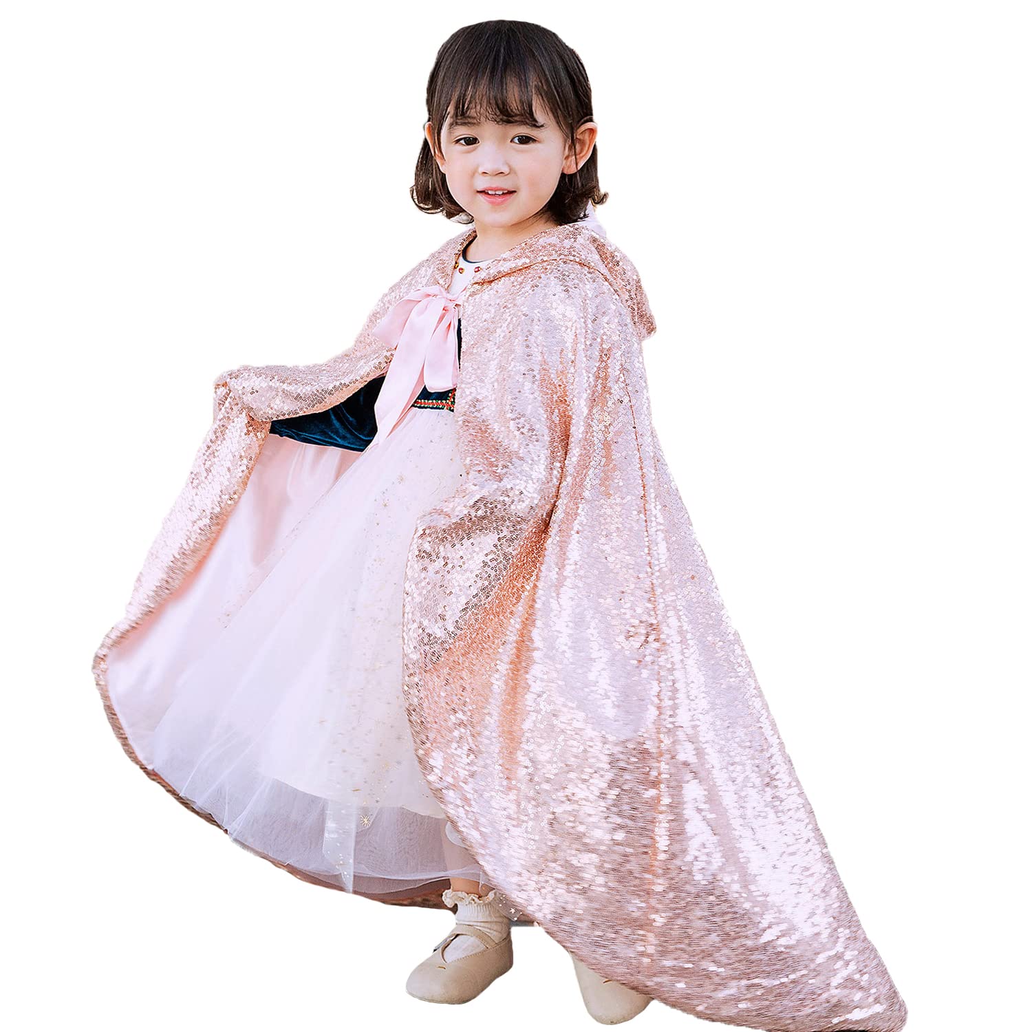 Girls Princess Cape Cloak Fancy Dress Cape Costumes Kids Full Length Hooded Cloak Girls Sequins Long Cape Princess Costumes for Girls Christmas Halloween Party Cosplay Dress up Capes Costumes for Kids