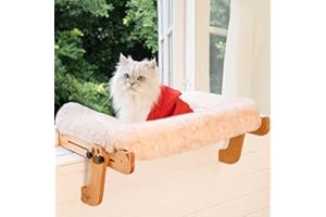 CHEERHOME PETS Cat Window Perch with Washable Bolster, Fluffy Cats Hammock Bed for Window, Adjust Wooden Seat for Kitten Bedside Windowsill, Wooden Cats Furniture(Thickened White)