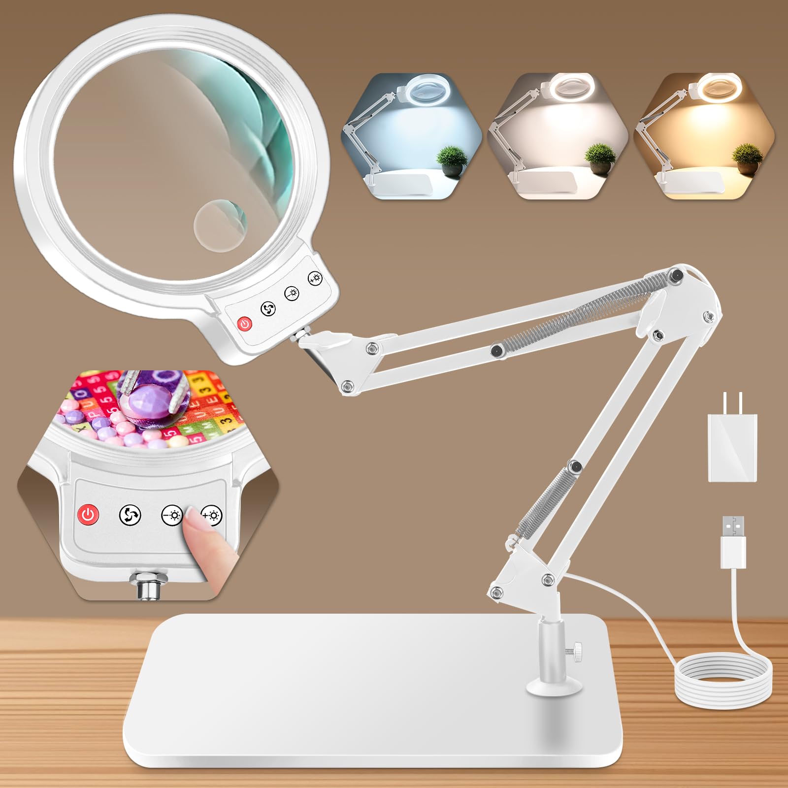 Photo 1 of 10X 30X Large Magnifying Glass with Light and Stand, 5-inch Lighted Magnifier, 72 LED 3 Color Modes Stepless Dimmable, Hands-Free Magnifying Glass Desk Lamp for Reading Craft Hobby Close Work White