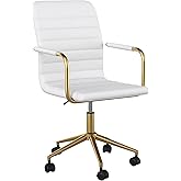 Martha Stewart Taytum Swivel Task Chair with Armrests for Home Office in White Faux Leather with Polished Brass Frame